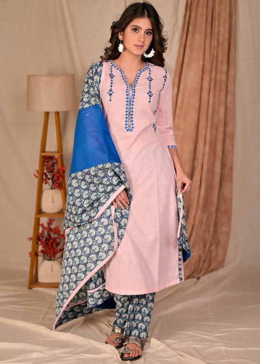 Trendy Cotton Summer blue Embroidered Kurta with Natural Print Pant - Chanderi Combination Dupatta Optional