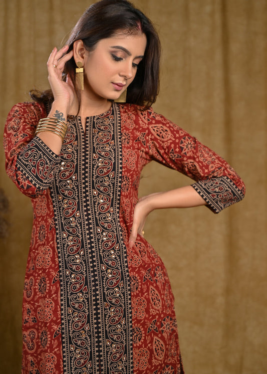 Trendy Cotton Ajrakh Combination Tunic With Stone Work