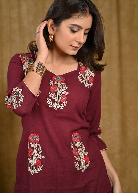 Exclusive Cotton Tunic with Beautiful Embroidered Floral Patch Embroidery Work Allover