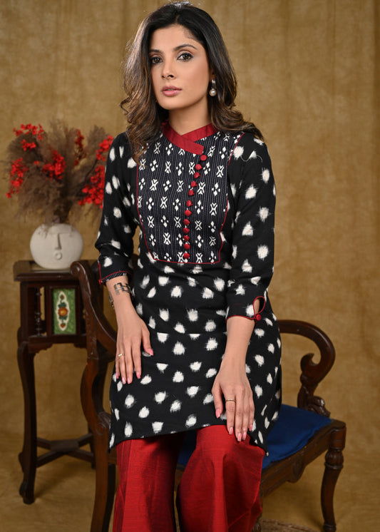 Stylish Polka Dot Ikat with Kantha Work Fabric On Yoke