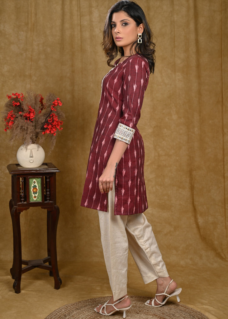 Elegant Cotton Ikat Straight Cut Tunic with Stylish Embroidered Border