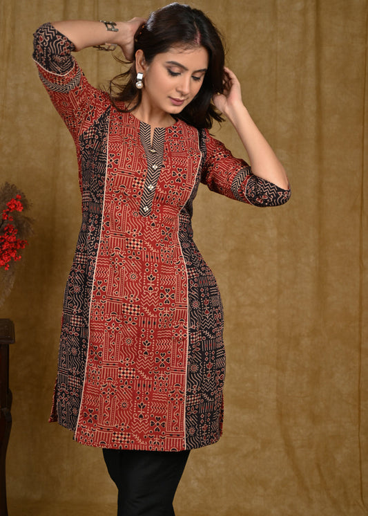 Graceful Cotton Ajrakh Combination Tunic with Wooden Buttons on Yoke