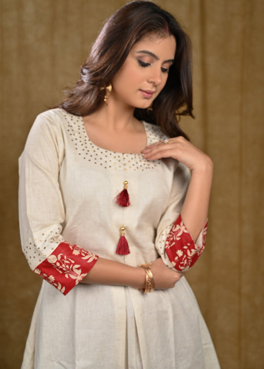 A Line Hand Sequence Work Tunic with Flower Print Border on Hemline and Sleeves