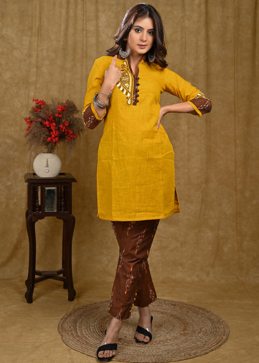 Classy Mustard Cotton Ikat Combination Tunic with Beautiful Hand painting On Front and Sleeves