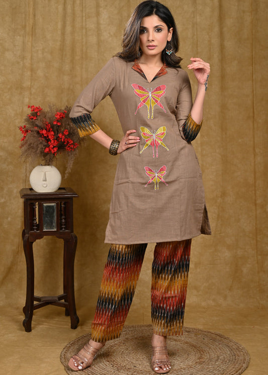 Exclusive Cotton Ikt Combination Tunic with Beautiful Butterfly Hand Painting