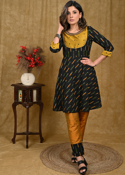 Ikat & Cotton Silk Combination Tunic with Beautiful Hand Embroidery on Neckline, Yoke and Sleeves