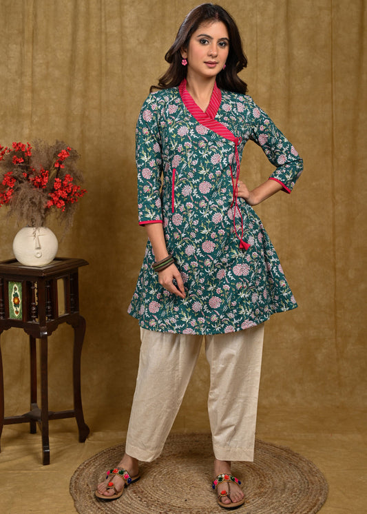 Classy Floweral Print Cotton Tunic with Overlap Style and Front Pockets