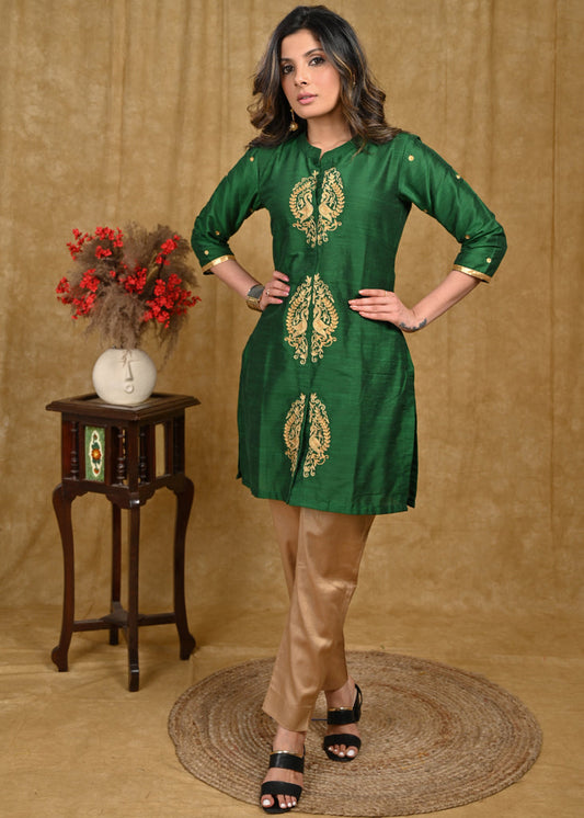 Elegant Green Cotton Silk Tunic with Peacock Embroidered Motifs in Front