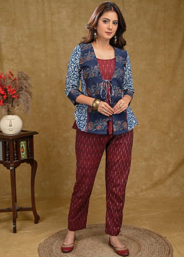 Elegant Indigo and Ajrakh Combination Jacket with Maroon Ikaat Inner