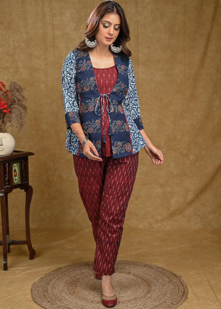 Elegant Indigo and Ajrakh Combination Jacket with Maroon Ikaat Inner