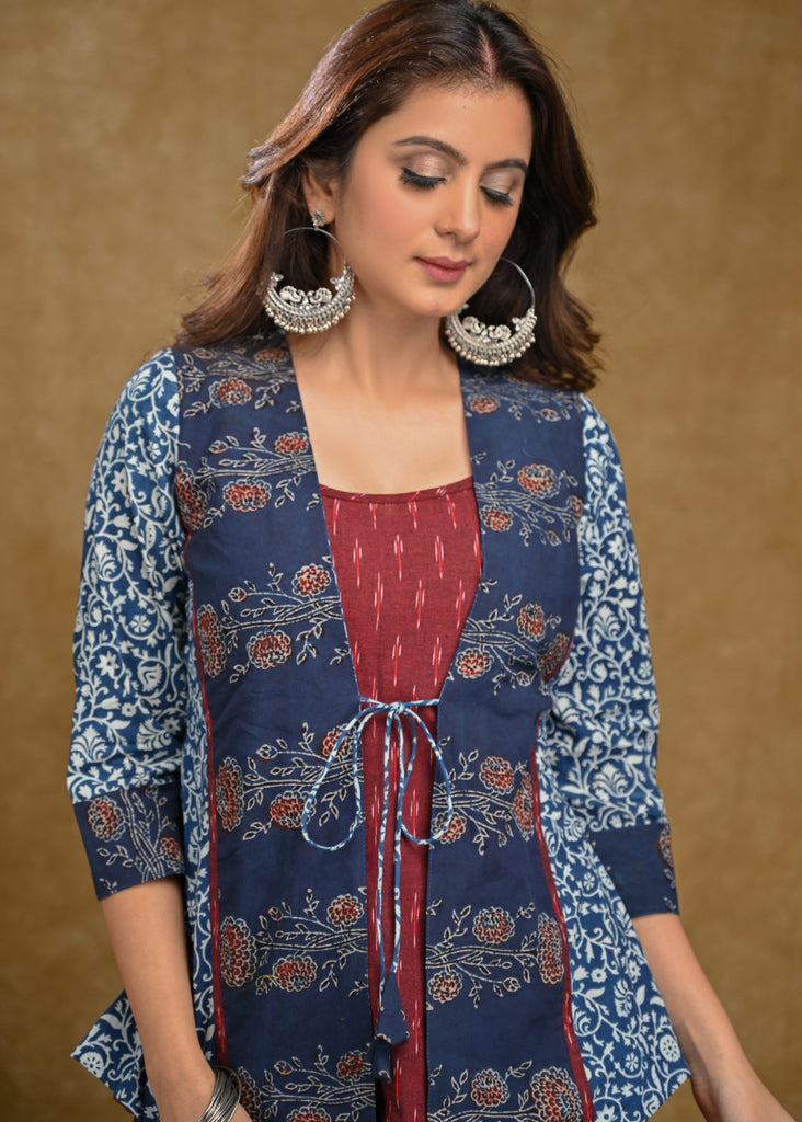 Elegant Indigo and Ajrakh Combination Jacket with Maroon Ikaat Inner