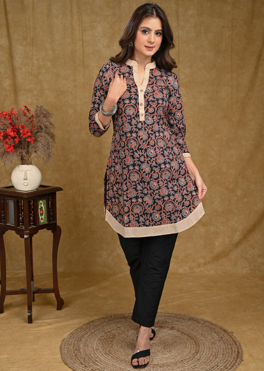 Exclusive Black Floral Cotton Ajrakh with Beige Cotton Borders