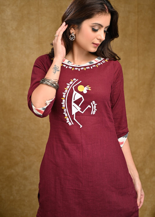 Classy Warli Hand paint Cotton Tunic with Turn Up Sleeves