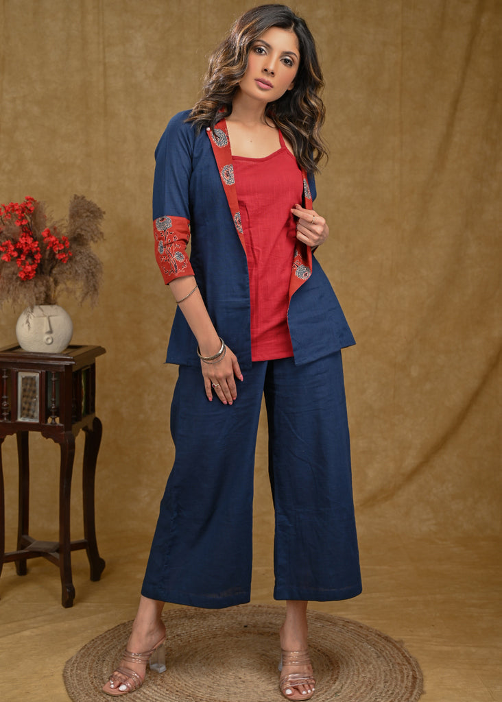 Elegant Blue Cotton Jacket with Ajrakh Collar and Plain Inner