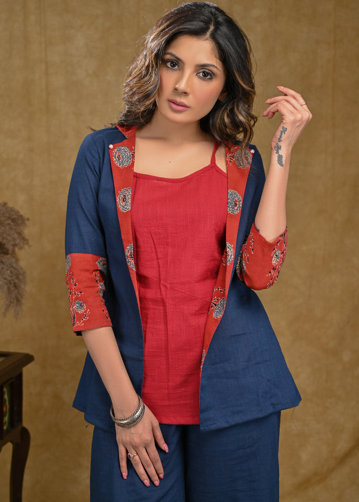 Elegant Blue Cotton Jacket with Ajrakh Collar and Plain Inner