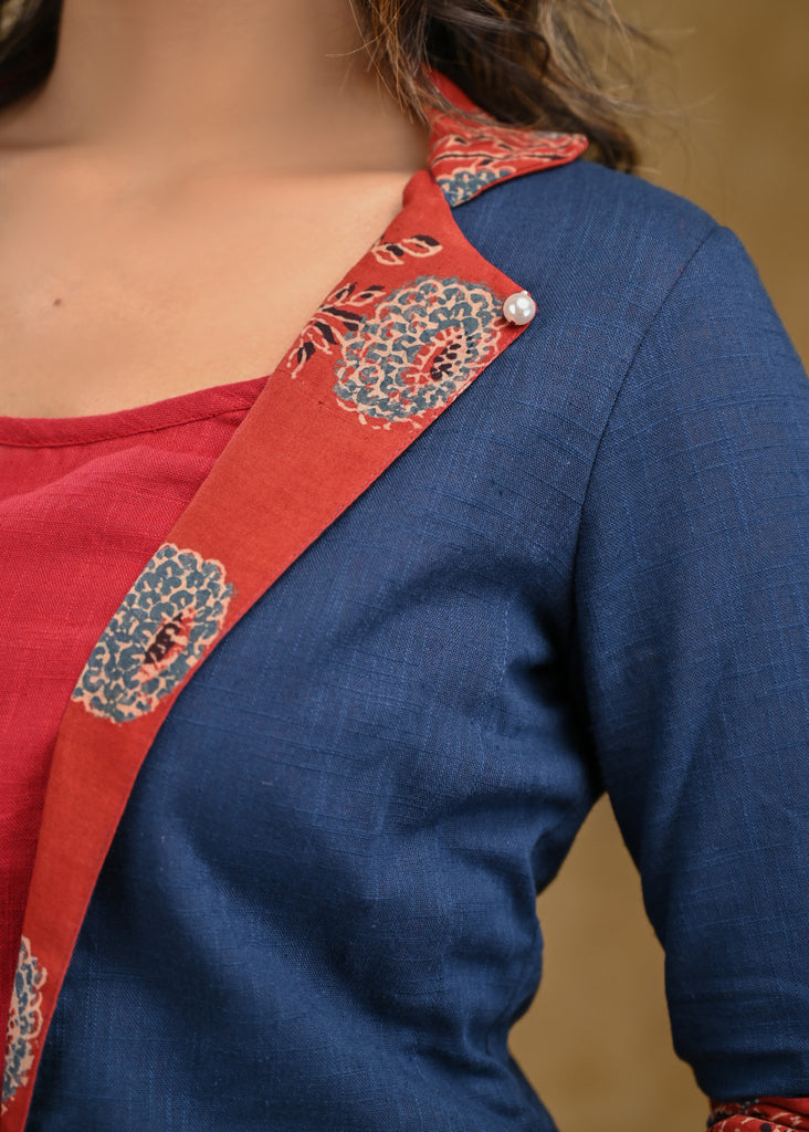 Elegant Blue Cotton Jacket with Ajrakh Collar and Plain Inner