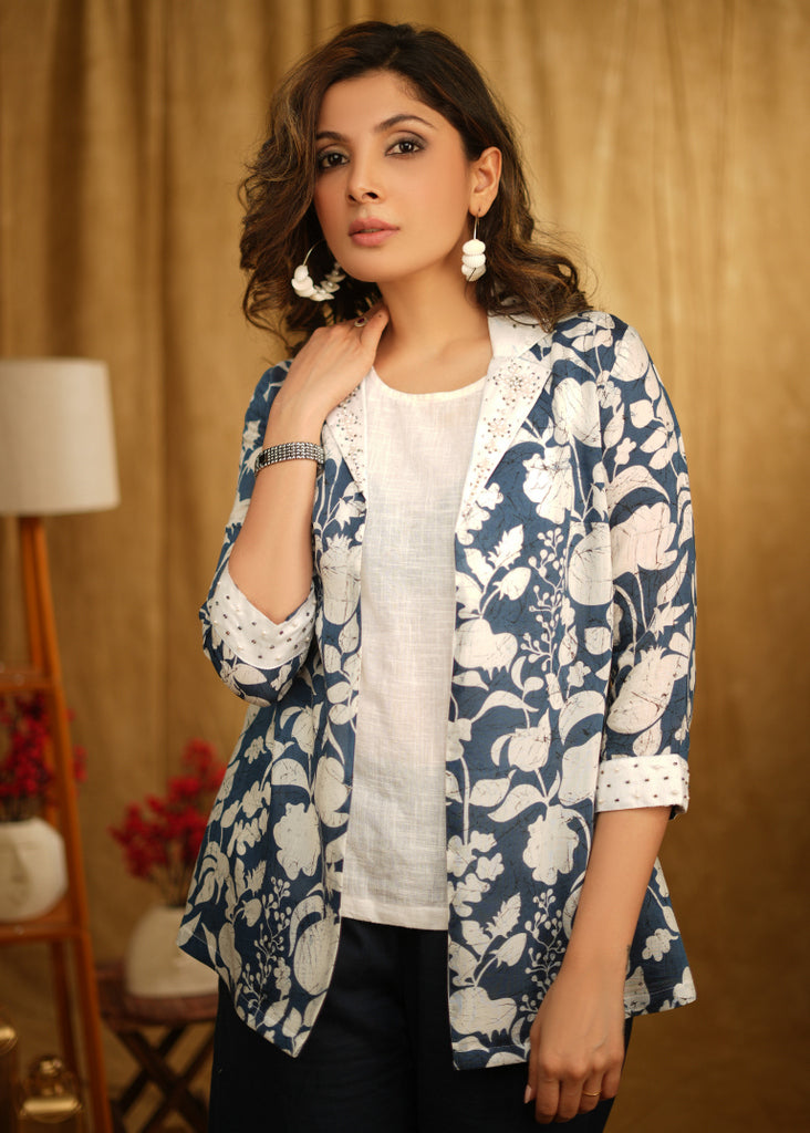 Classy Blue Printed Jacket with Beautiful Embroidery on Collar and Sleeves Paired with White Inner