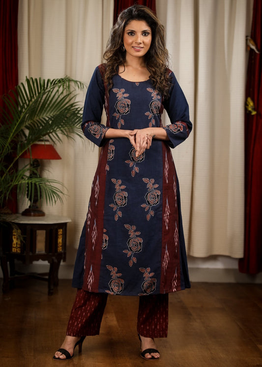 A -Line Cotton Ajrakh and Ikat Combination Kurta