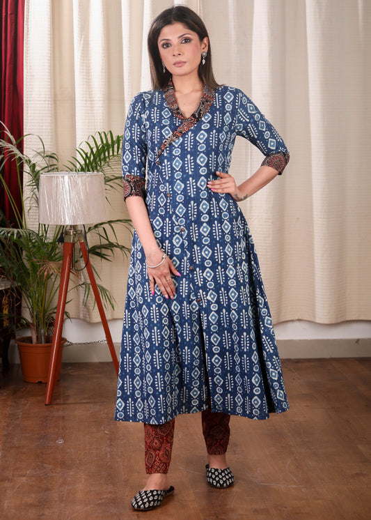 A line Cotton Indigo Kurta with Beautifully Combined Ajrakh