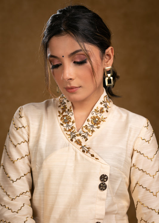 Light Beige Cotton Silk Kurta with Heavy Hand Embroidery on Collar and Sleeves - Pant Optional