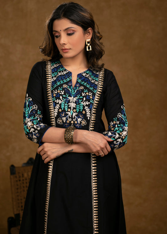 Exclusive Black Cotton Silk Kurta & Pant Set with Embroidered Panel Yoke & Sleeves