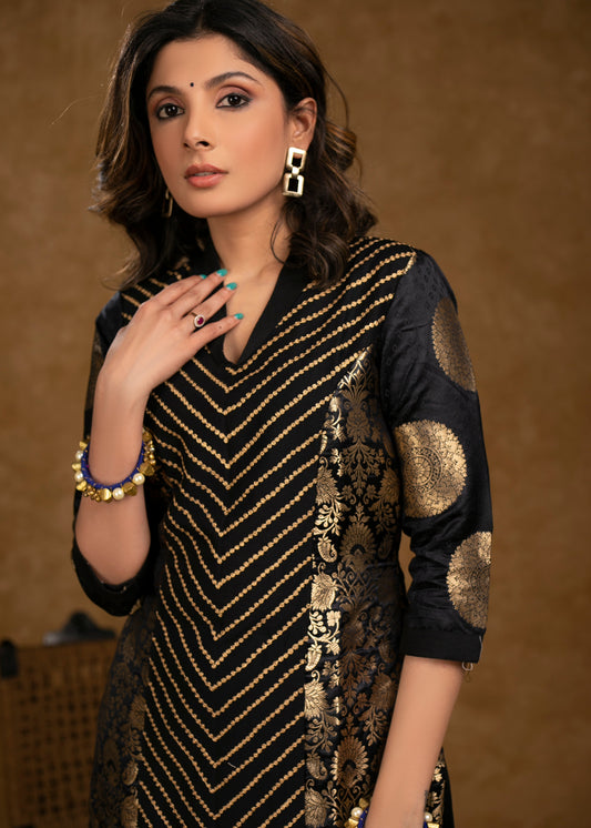 Party Wear Black Brocade Kurta with Intricate Front Embroidery Panel - Pant Optional