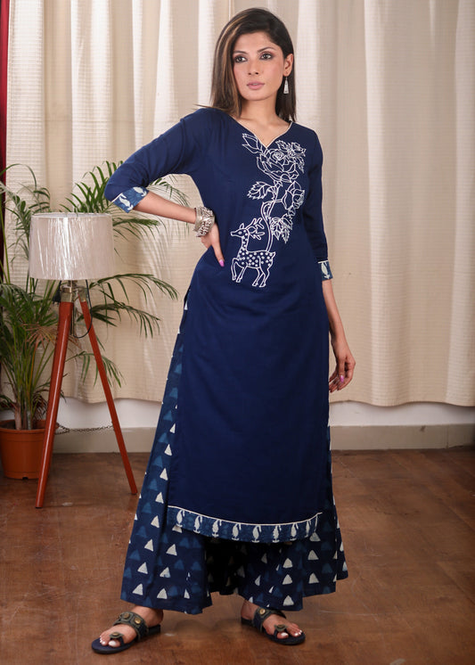 Stunning Pure Cotton Straight Cut Kurta with Exclusive Hand painting and Ikat