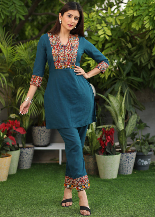 Elegant Cotton Teal Blue Tunic with Kalamkari Yoke