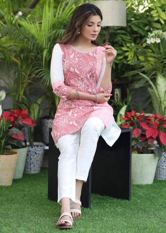 Stylish Pink Stripes Foral Mix Tunic.