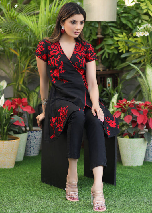 Trendy Black Cotton Silk Cross Over Tunic Wih Red Embroidery