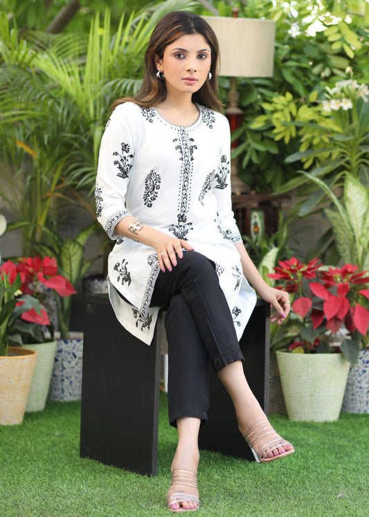 Classy Black and White Printed Tunic with Stone Work on Neckline