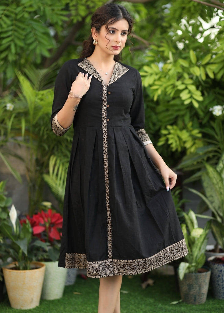 Beautiful Black Cotton Ajrakh Dress with Ajrakh Neckline and Sleeves