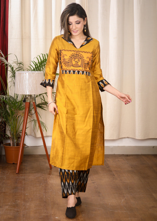 Striking Mustard Cotton Silk Straight Cut Kurta With Exclusive Hand Painted Madhubani Art on The Yoke