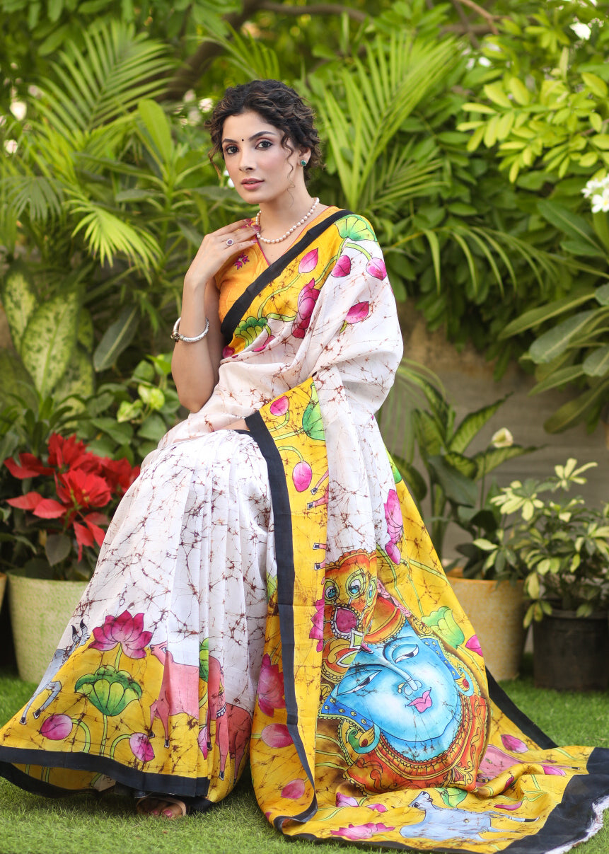 Versatile Cream Momchitra Batik Pure Silk Pichwai Design Saree