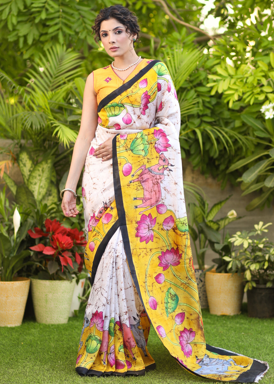 Versatile Cream Momchitra Batik Pure Silk Pichwai Design Saree