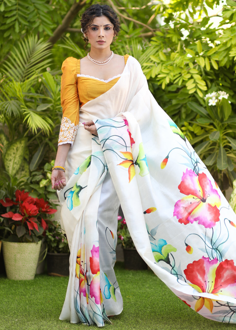 Lustrous White Pure Silk Hand Painted Blouse with Floral  Motif