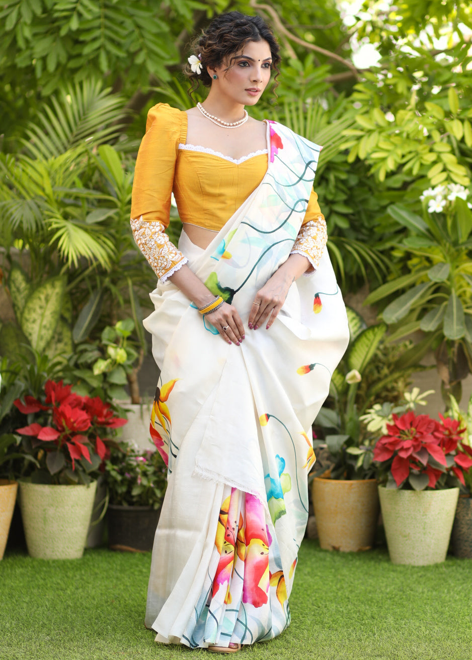 Lustrous White Pure Silk Hand Painted Blouse with Floral  Motif