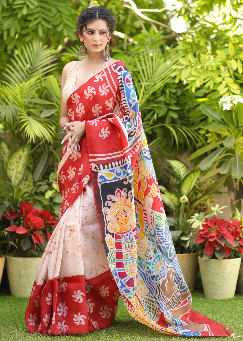 Stylish White & Red Pure Silk Momchitra Batik Saree