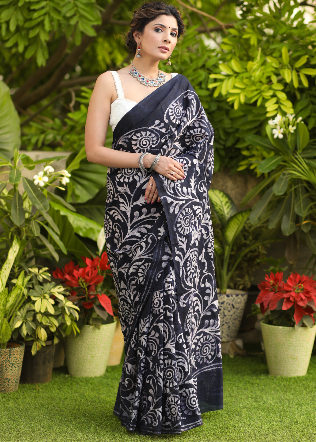 Sensuous Blue Mul Cotton Hand Batik Saree