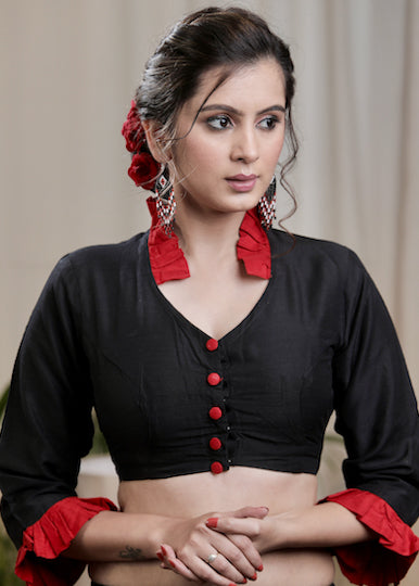 Black Cotton Silk Elegantly styled Blouse with Red Details