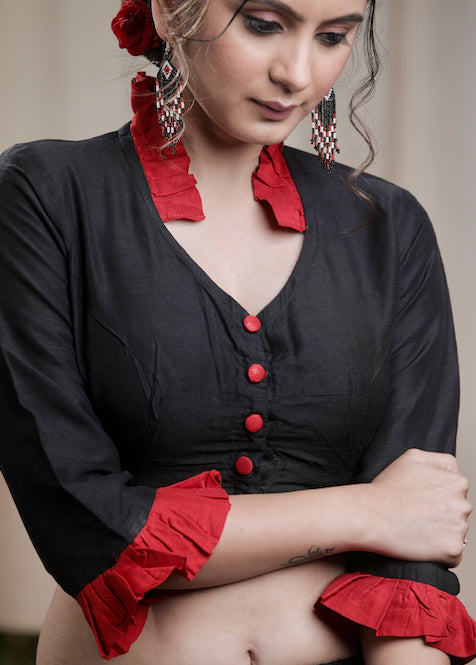 Black Cotton Silk Elegantly styled Blouse with Red Details