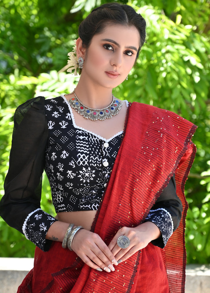 Classy Black Printed Blouse with Chanderi Puff Sleeves and White Pompom Lace Detailing