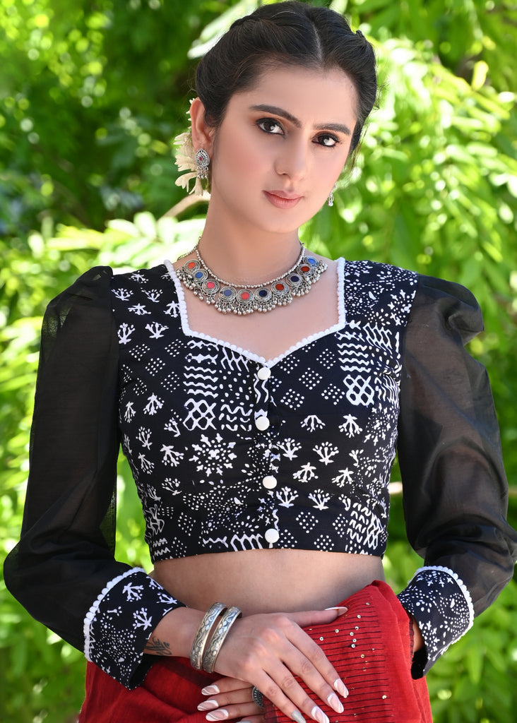 Classy Black Printed Blouse with Chanderi Puff Sleeves and White Pompom Lace Detailing