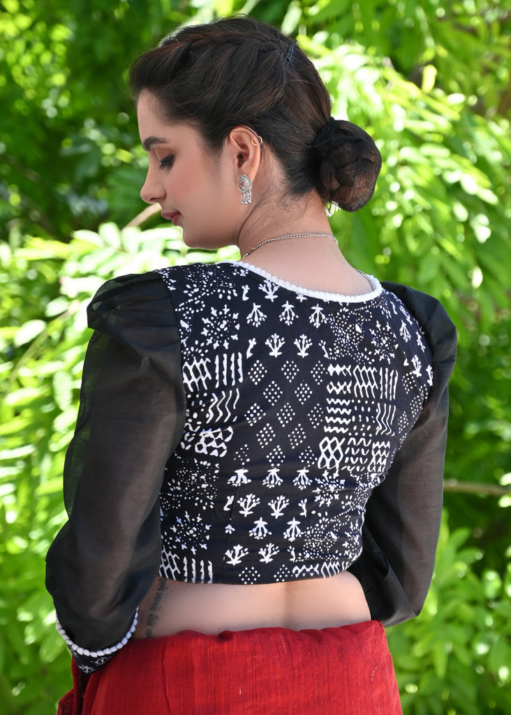 Classy Black Printed Blouse with Chanderi Puff Sleeves and White Pompom Lace Detailing