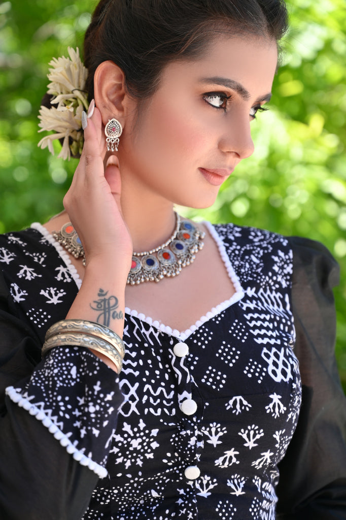 Classy Black Printed Blouse with Chanderi Puff Sleeves and White Pompom Lace Detailing