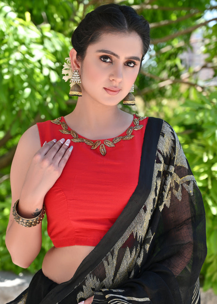 Red Cotton Silk Blouse with Delicate Hand Embroidery and Fisheye Back