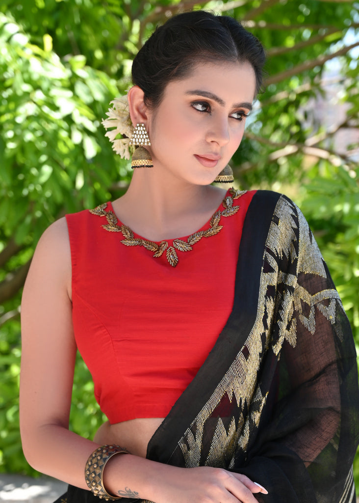 Red Cotton Silk Blouse with Delicate Hand Embroidery and Fisheye Back