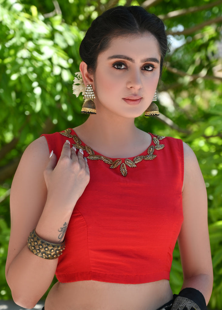 Red Cotton Silk Blouse with Delicate Hand Embroidery and Fisheye Back