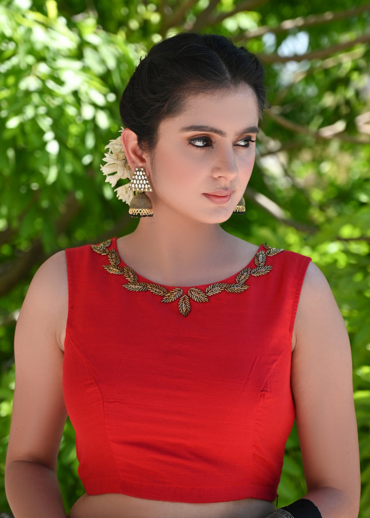 Red Cotton Silk Blouse with Delicate Hand Embroidery and Fisheye Back