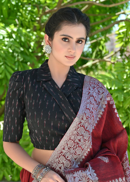 Classy Black Ikat Overlap Collared Blouse with Side Tie-Up